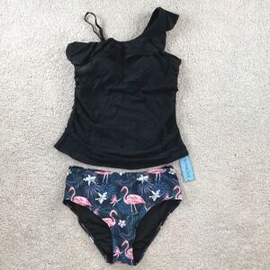 Yonique Womens Black One Shoulder Ruffle Tankini Flamingo High Waist Set Large